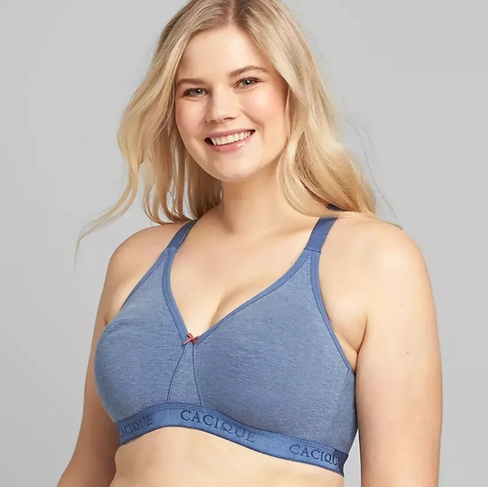 Cotton Lightly Unlined No-Wire Full Coverage Bra With Lace Back Blue 44C